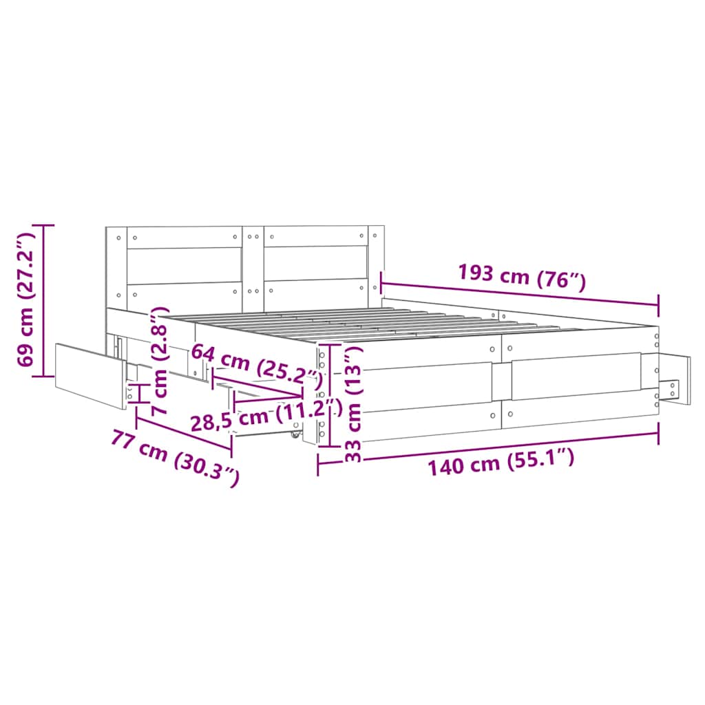 vidaXL Bed Frame with Drawer White 137 x 188 cm Engineered Wood