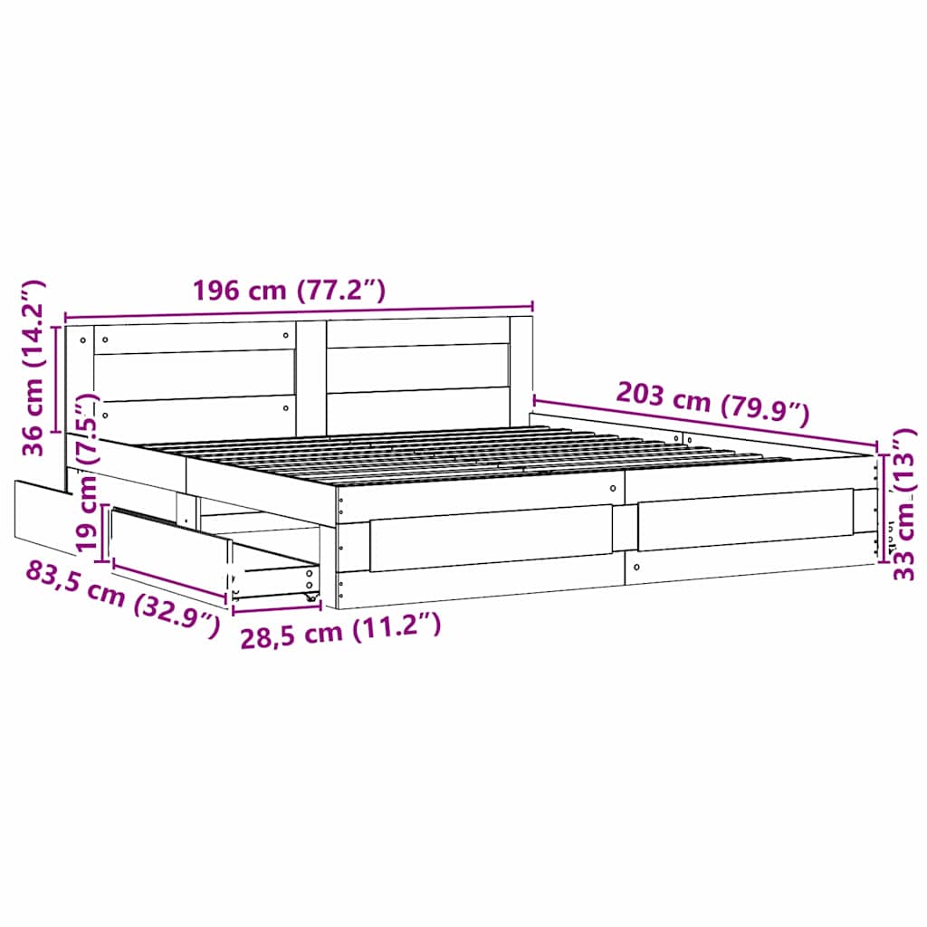 vidaXL Bed Frame with Drawer White 193 x 203 cm Engineered Wood