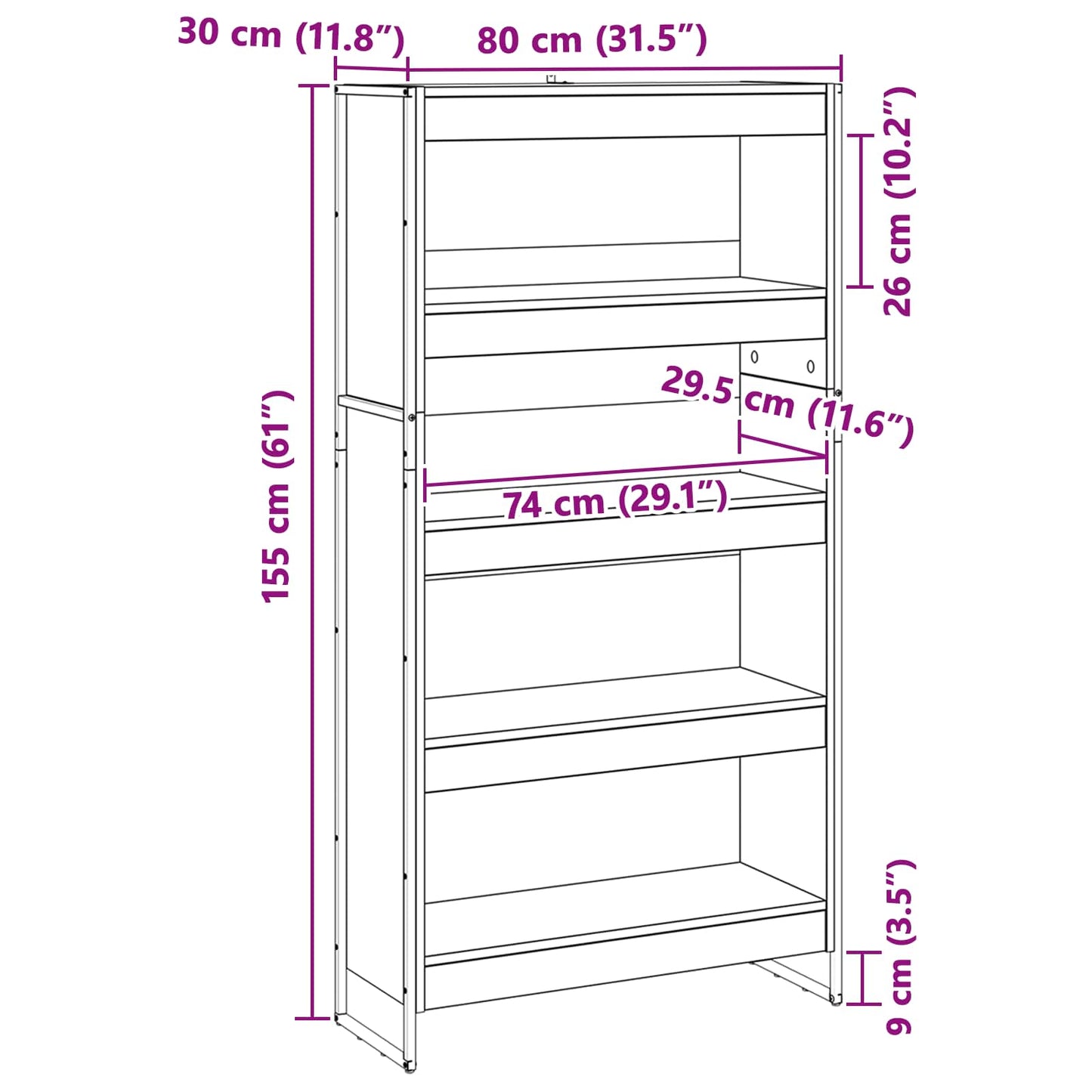 vidaXL Book Cabinet 80 x 30 x 155 cm Engineered Wood Grey Sonoma