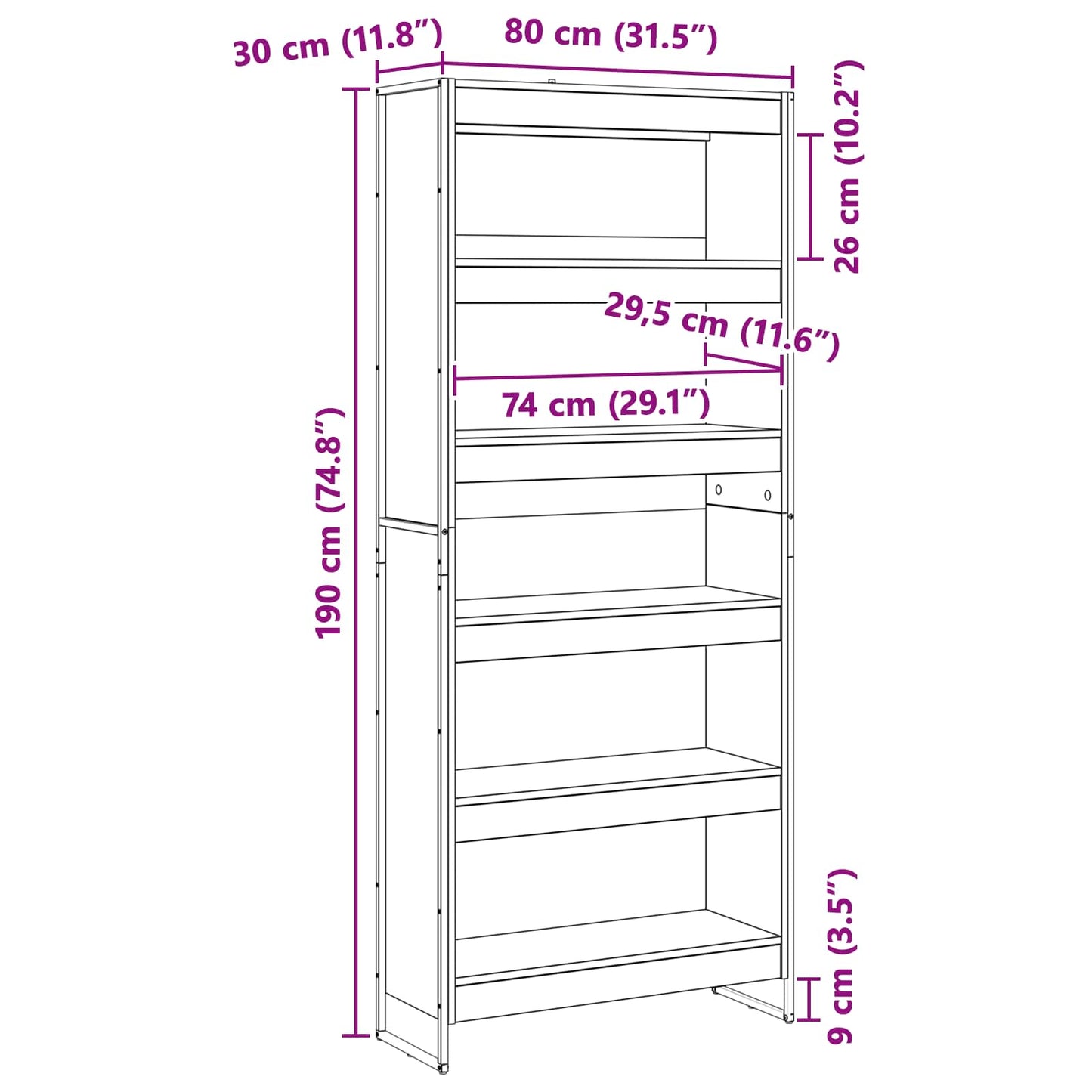 vidaXL Book Cabinet 80 x 30 x 189.5 cm Engineered Wood Grey Sonoma