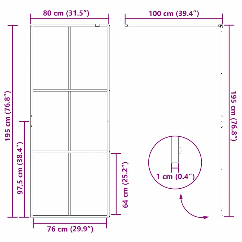 vidaXL Walk-in Shower Wall Black 80 x 195 cm Tempered Glass