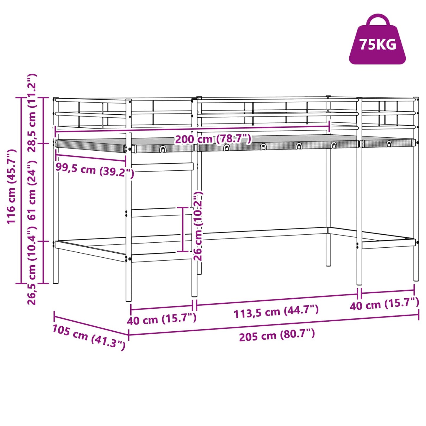 vidaXL Kids'Loft Bed Frame Black 99.5 x 200 cm Steel