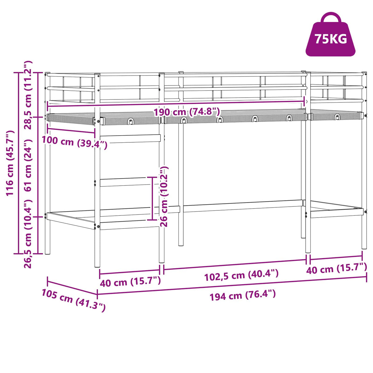 vidaXL Kids'Loft Bed Frame Plain White 100 x 190 cm Steel