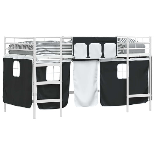 vidaXL Kids'Loft Bed Frame with Curtains White and Black 90 x 200 cm