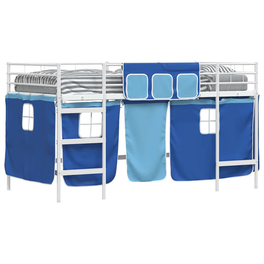 vidaXL Kids'Loft Bed Frame with Curtains White and Blue 107 x 203 cm