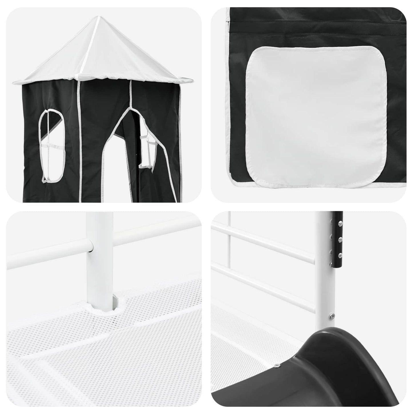 vidaXL Kids'Loft Bed Frame with Curtains, Arch, Slide, Tower