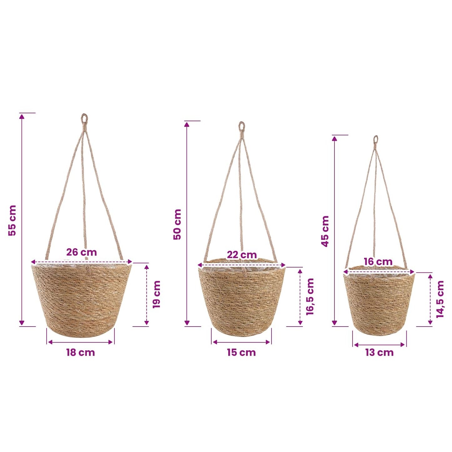 vidaXL 3 pcs Natural Ø26 x 19 cm 100% Seagrass