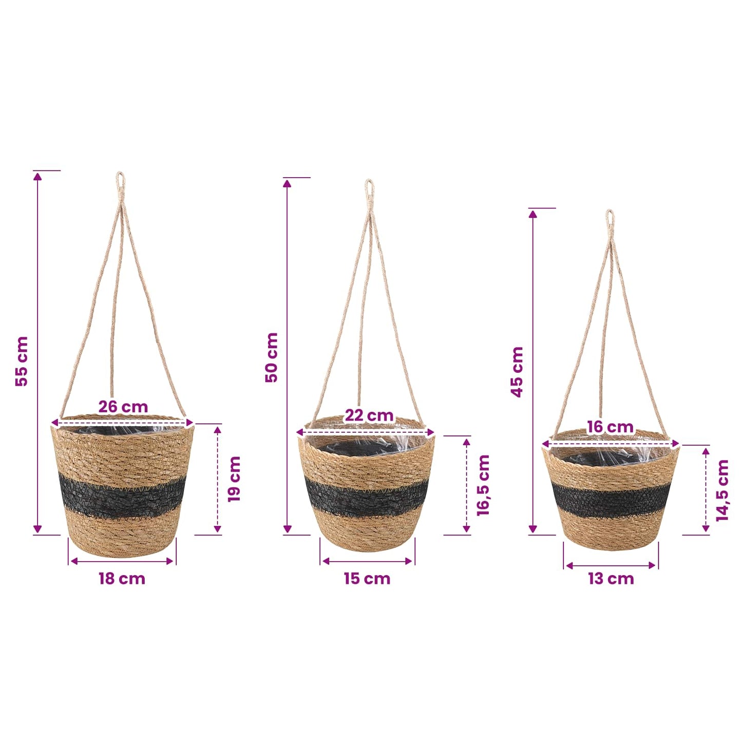 vidaXL 3 pcs Natural and Black Ø26 x 19 cm 100% Seagrass