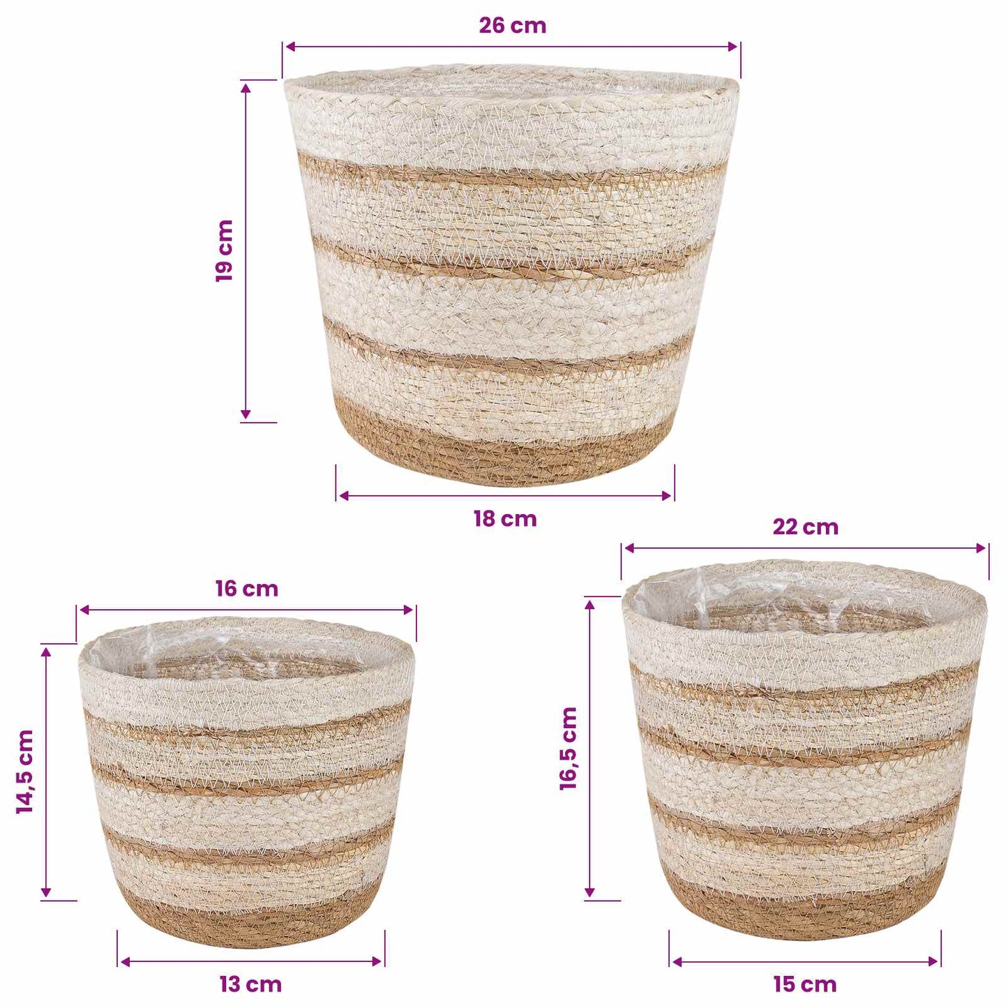 vidaXL 3 pcs Natural ,White and Beige Ø26 x 19 cm 100% Seagrass