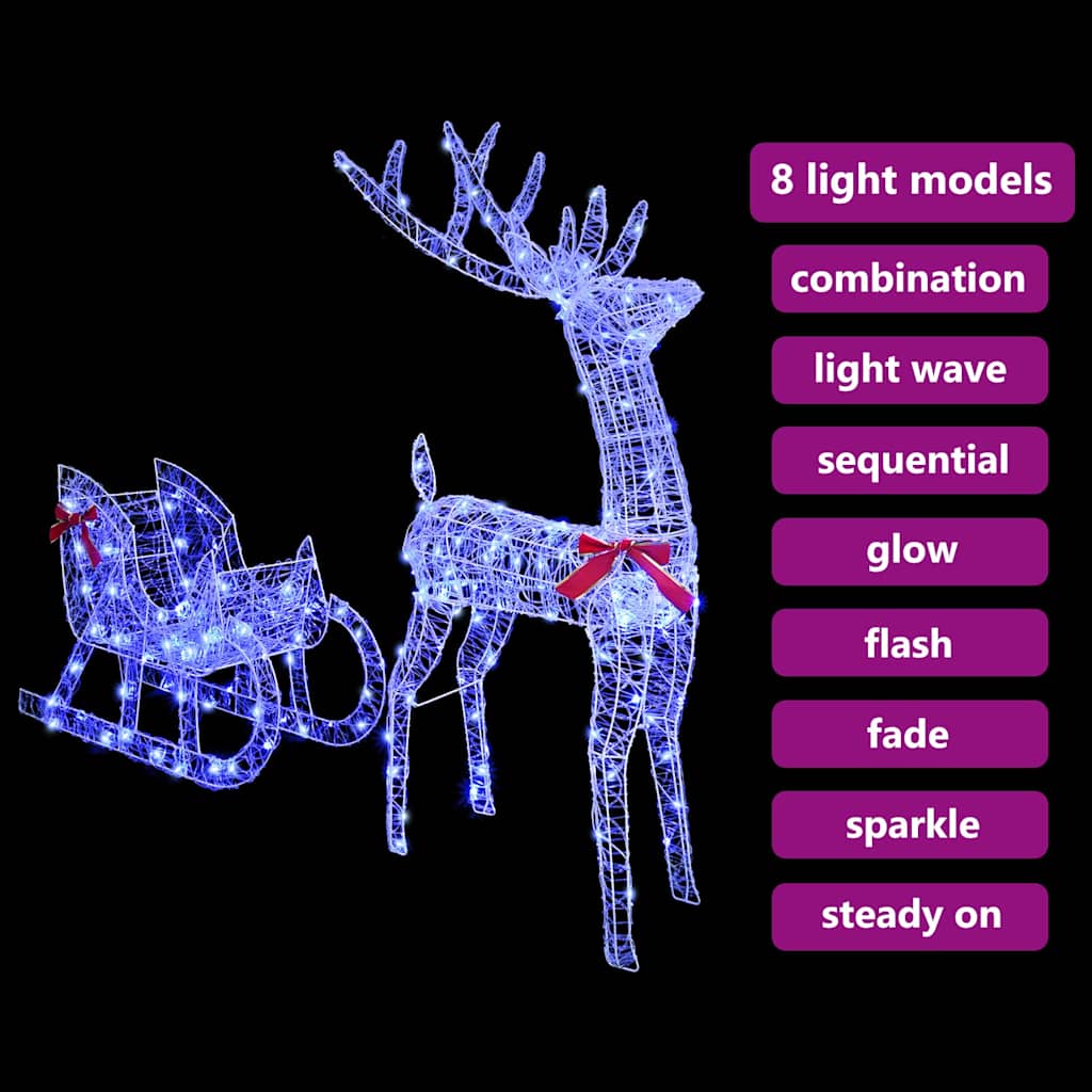 vidaXL Reindeer Pull Sleigh Blue 70 x 24 x 128 cm Acrylic 200 LEDs