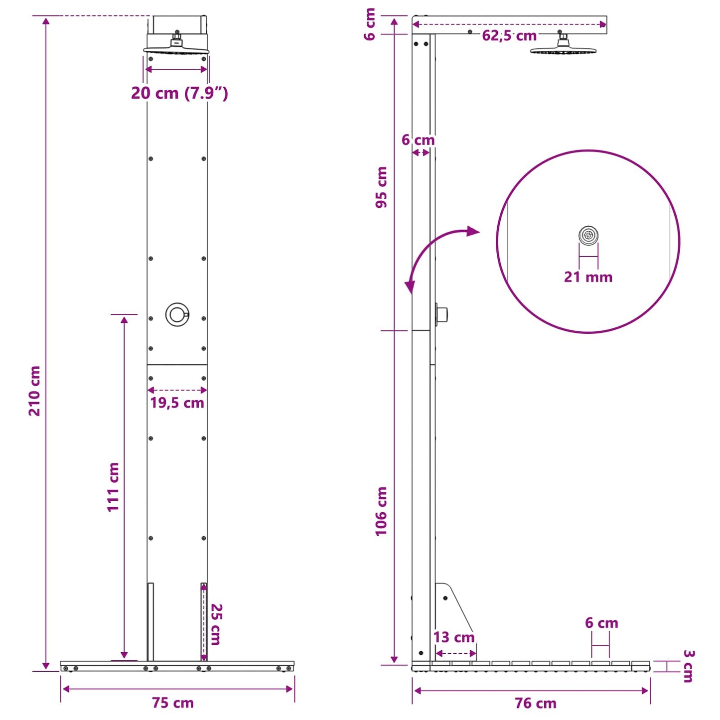 vidaXL Outdoor Shower 210 cm Solid Pine Wood and Stainless Steel White