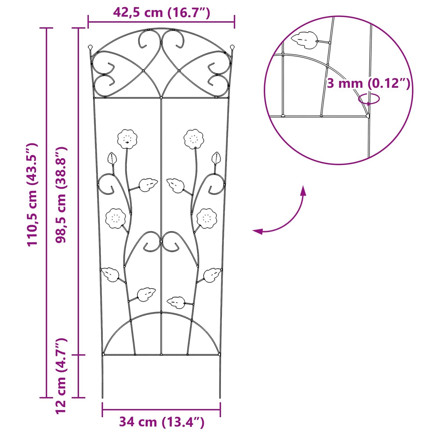 vidaXL Garden Fence 3 pcs Black 110.5 x 42.5 cm Steel