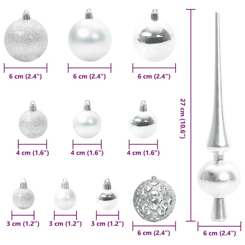 vidaXL Christmas Bauble Set 120 pcs Silver Ø 2.36 in Plastic 300 LEDs