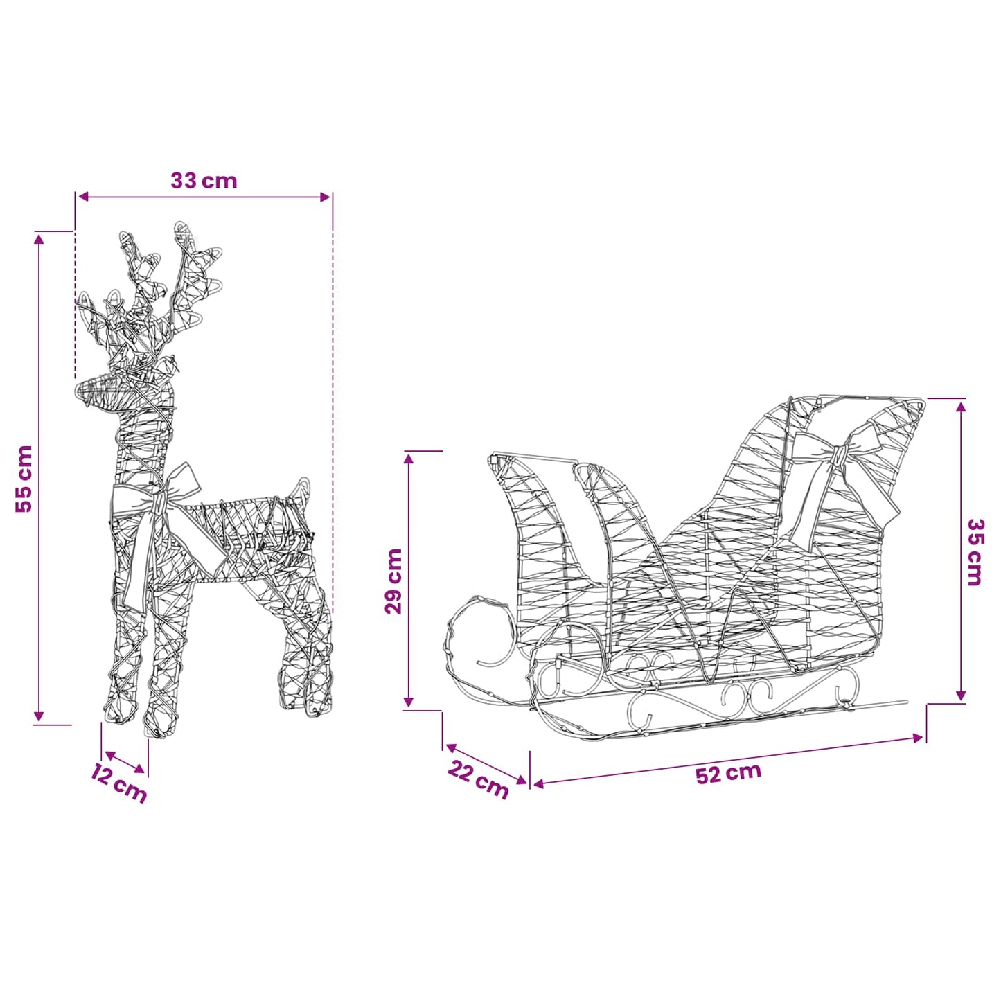 vidaXL Reindeer Pull Sleigh 160 LEDs Warm White 30 x 12 x 55 cm PET