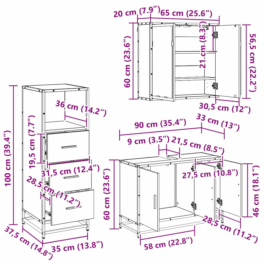 vidaXL Bathroom Furniture Set with Door 3 pcs Old wood 90 x 33 x 60 cm