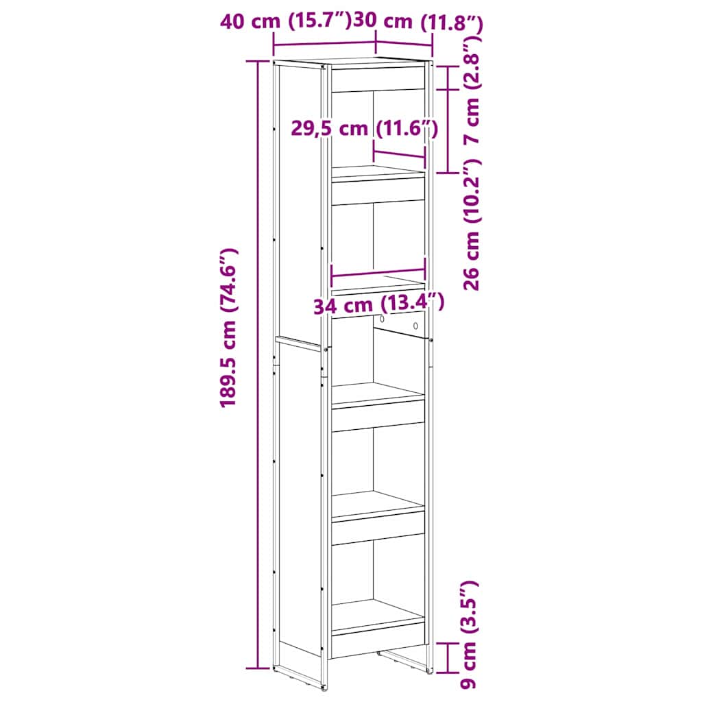 vidaXL Book Cabinet 40 x 30 x 189.5 cm Engineered Wood Grey Sonoma