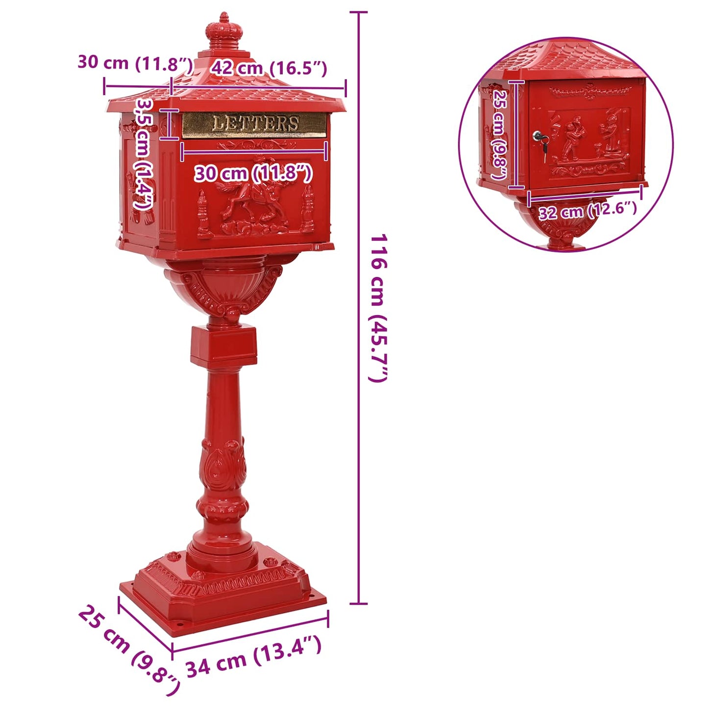 vidaXL Standing Mailbox Red 42.5 x 29.5 x 117 cm Cast Aluminum