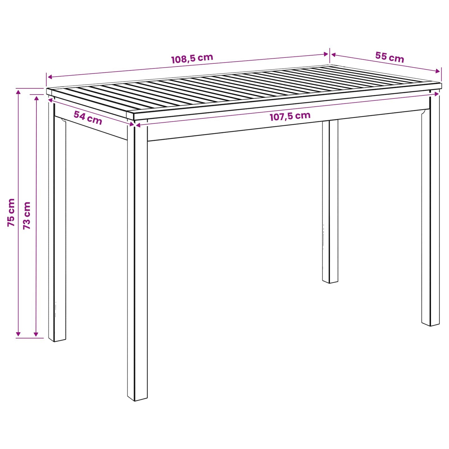 vidaXL Garden Dinner Table Natural 108.5 x 55 x 75 cm