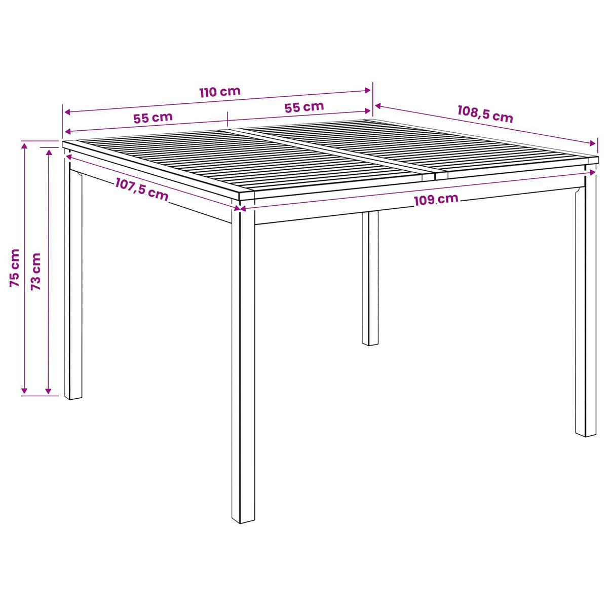 vidaXL Garden Dinner Table Natural 110 x 108.5 x 75 cm