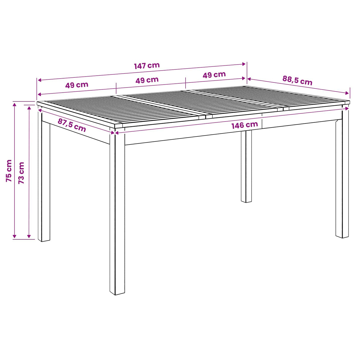 vidaXL Garden Dinner Table Natural 147 x 88.5 x 75 cm