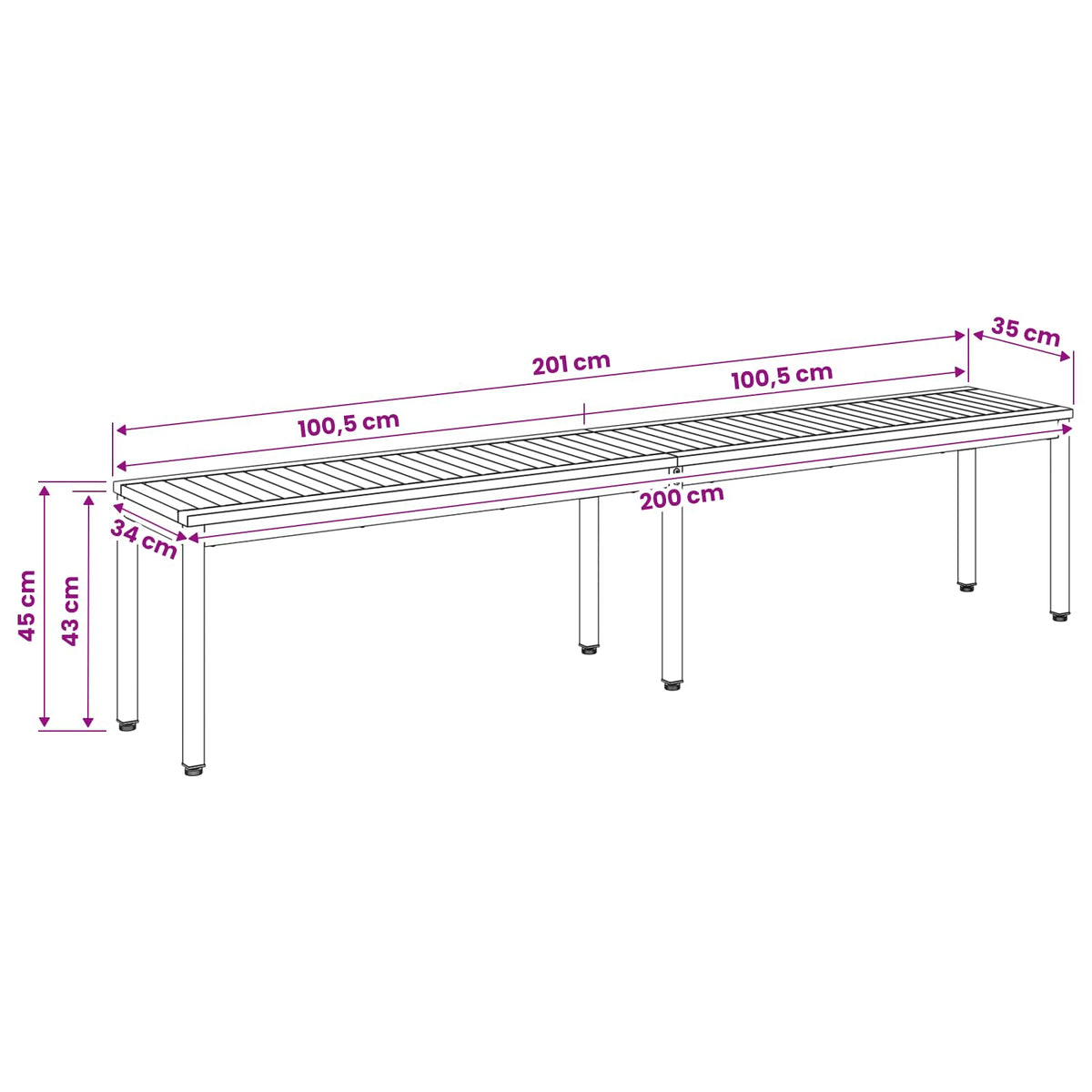 vidaXL Garden Bench 201 x 35 x 45 cm Solid Acacia Wood Rectangular