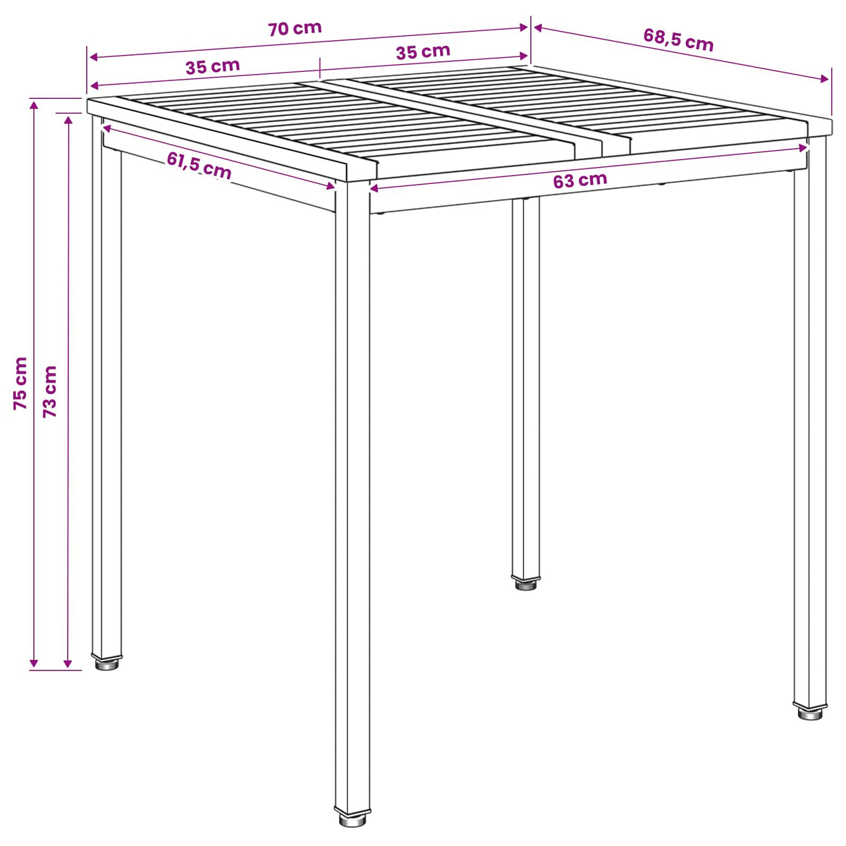 vidaXL Garden Dinner Table Natural and Black 70 x 68.5 x 75 cm