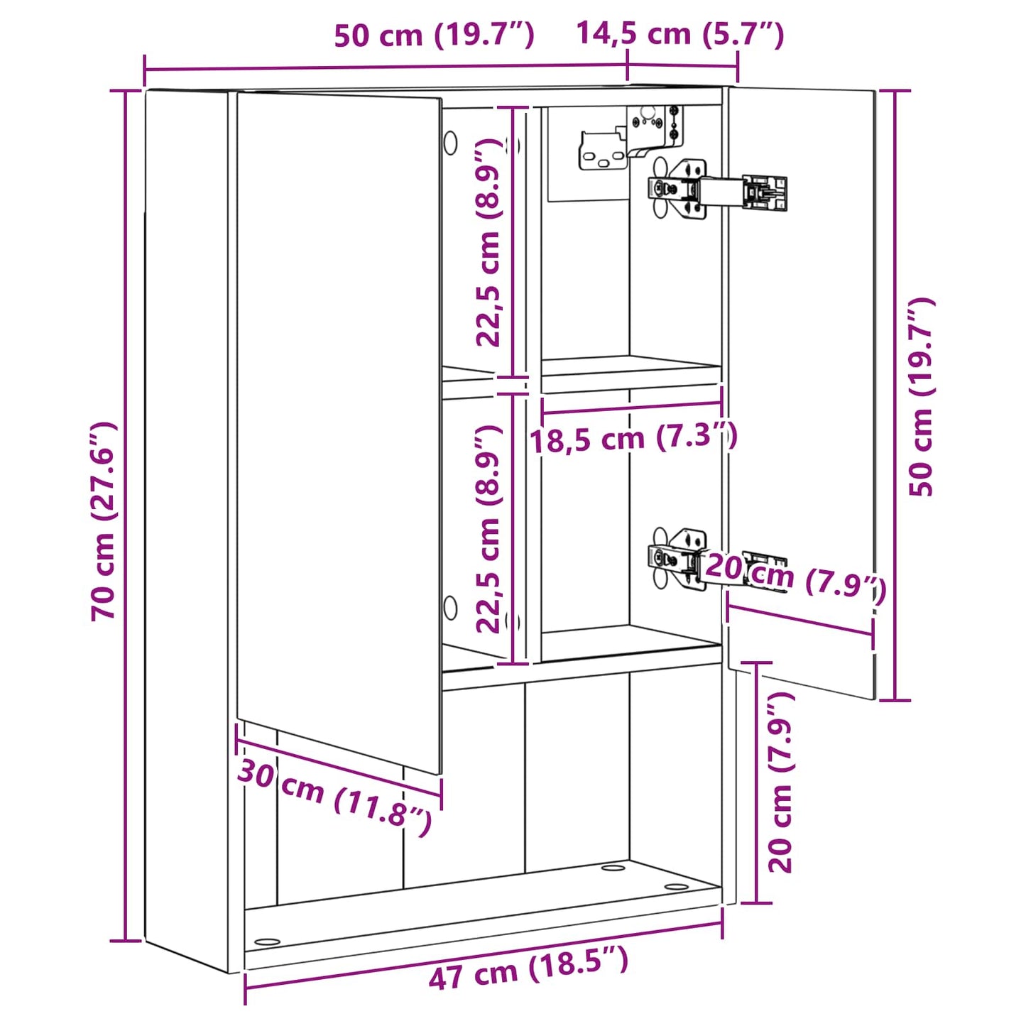 vidaXL Bathroom Mirror Cabinet with Shelf Black Oak 50 x 14.5 x 70 cm