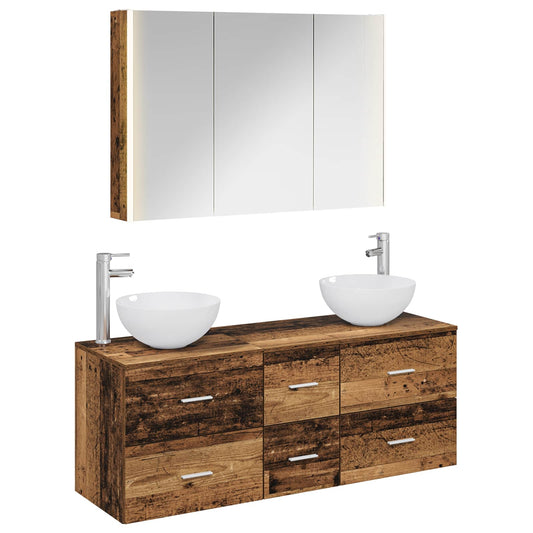 vidaXL Bathroom Furniture Set 4 pcs Old Wood Engineered Wood and Glass