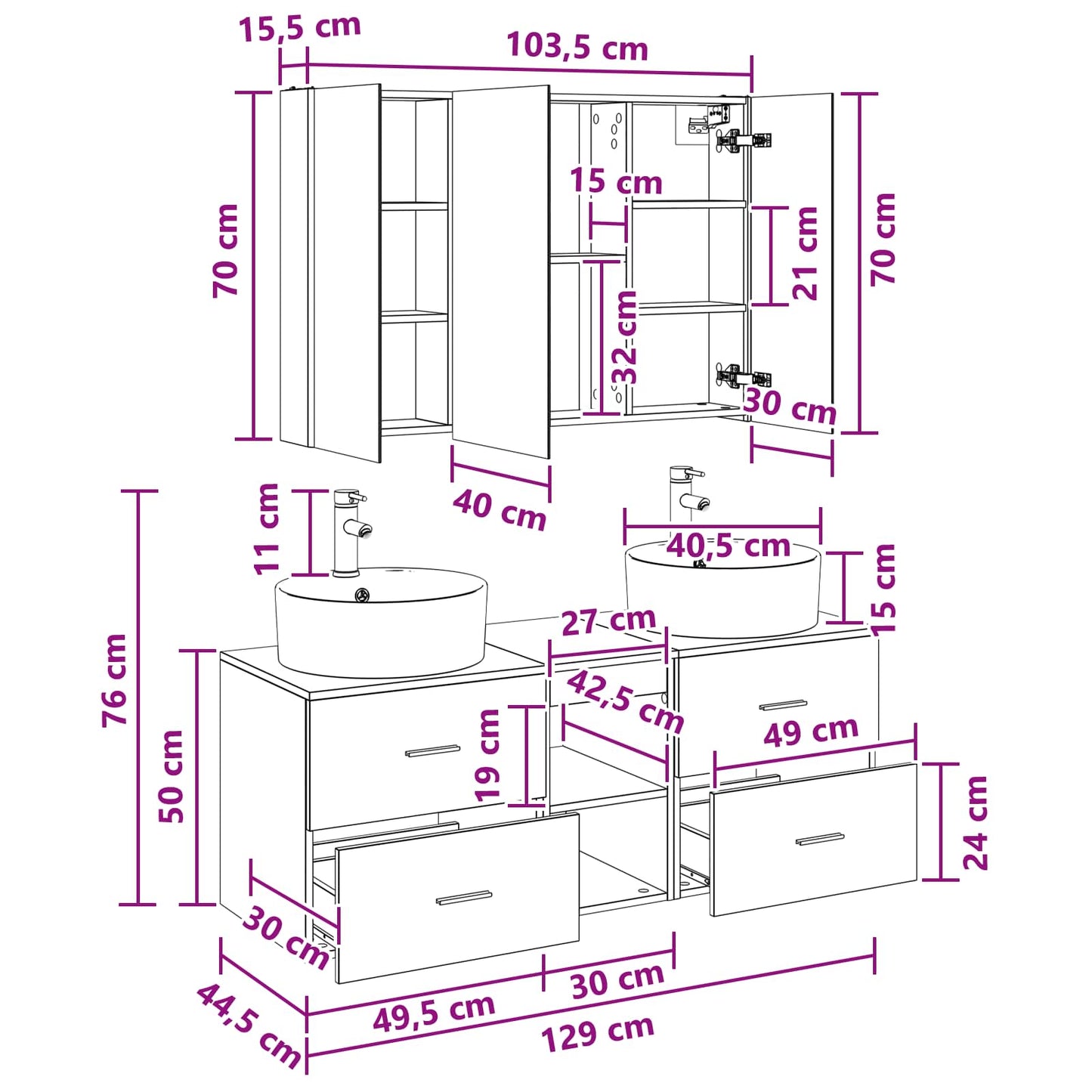 vidaXL Bathroom Furniture Set 4 pcs Concrete Grey