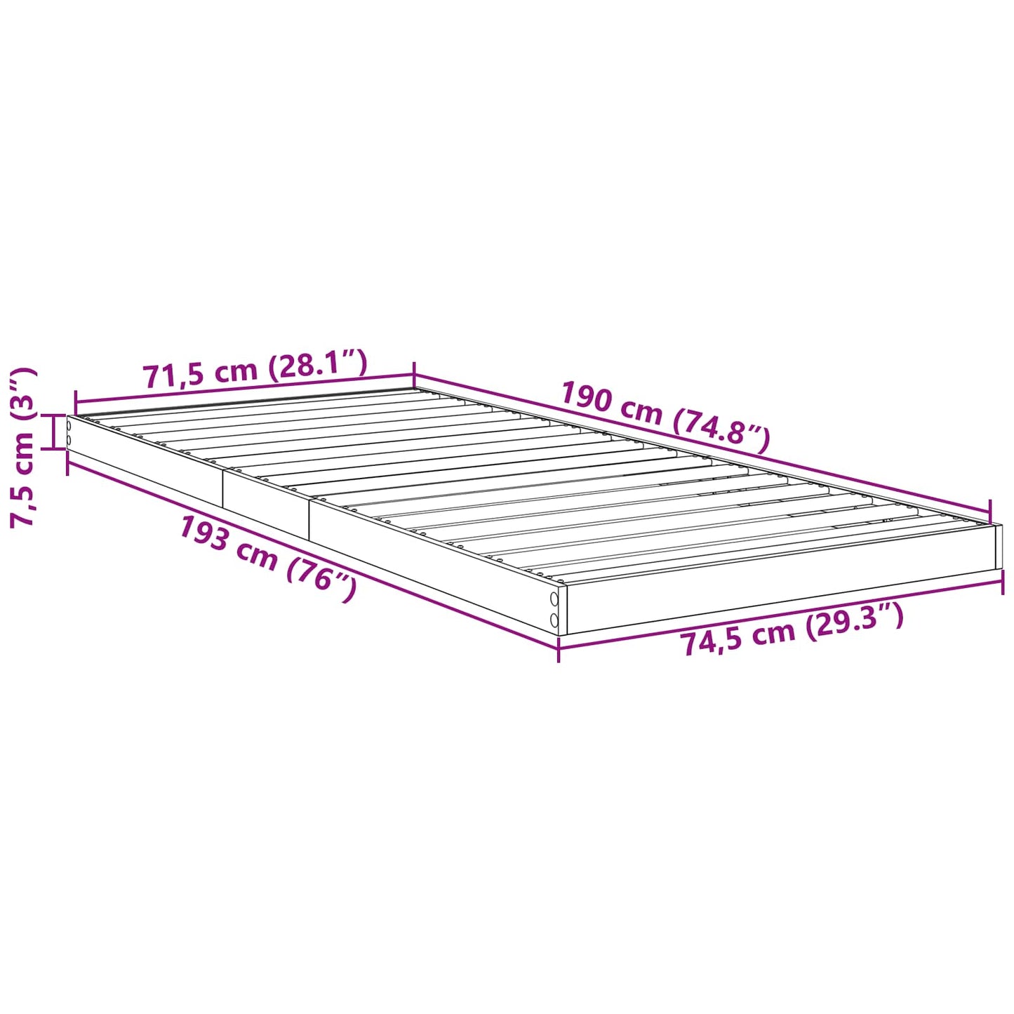 vidaXL Floor Bed Frame Old Wood 75 x 190 cm Engineered Wood