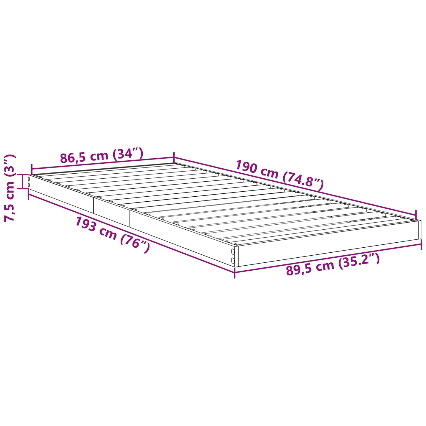 vidaXL Floor Bed Frame Concrete Grey 90 x 190 cm Engineered Wood