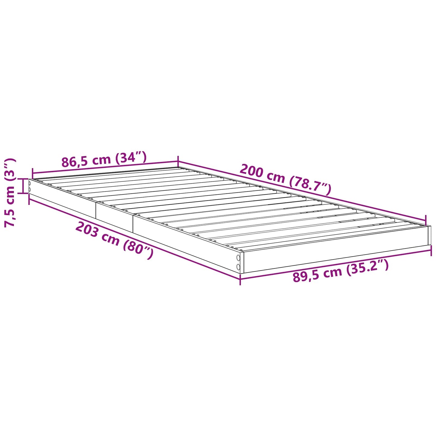 vidaXL Floor Bed Frame Concrete Grey 90 x 200 cm Engineered Wood