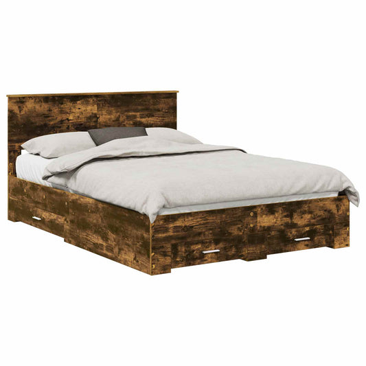 vidaXL Bed Frame with Drawer Smoked Oak 140 x 200 cm Engineered Wood