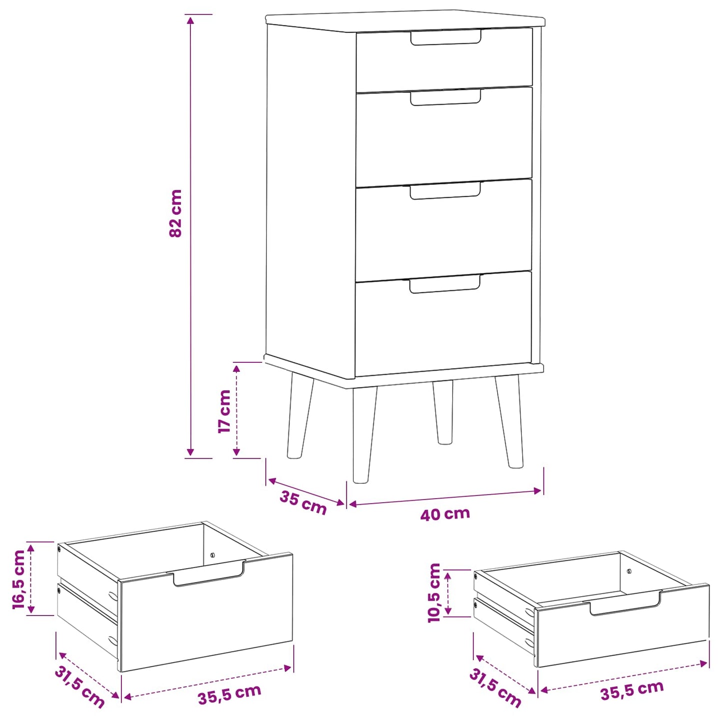 vidaXL Chest of Drawers MOLDE Caramel 40 x 35 x 82 cm Solid Pine Wood