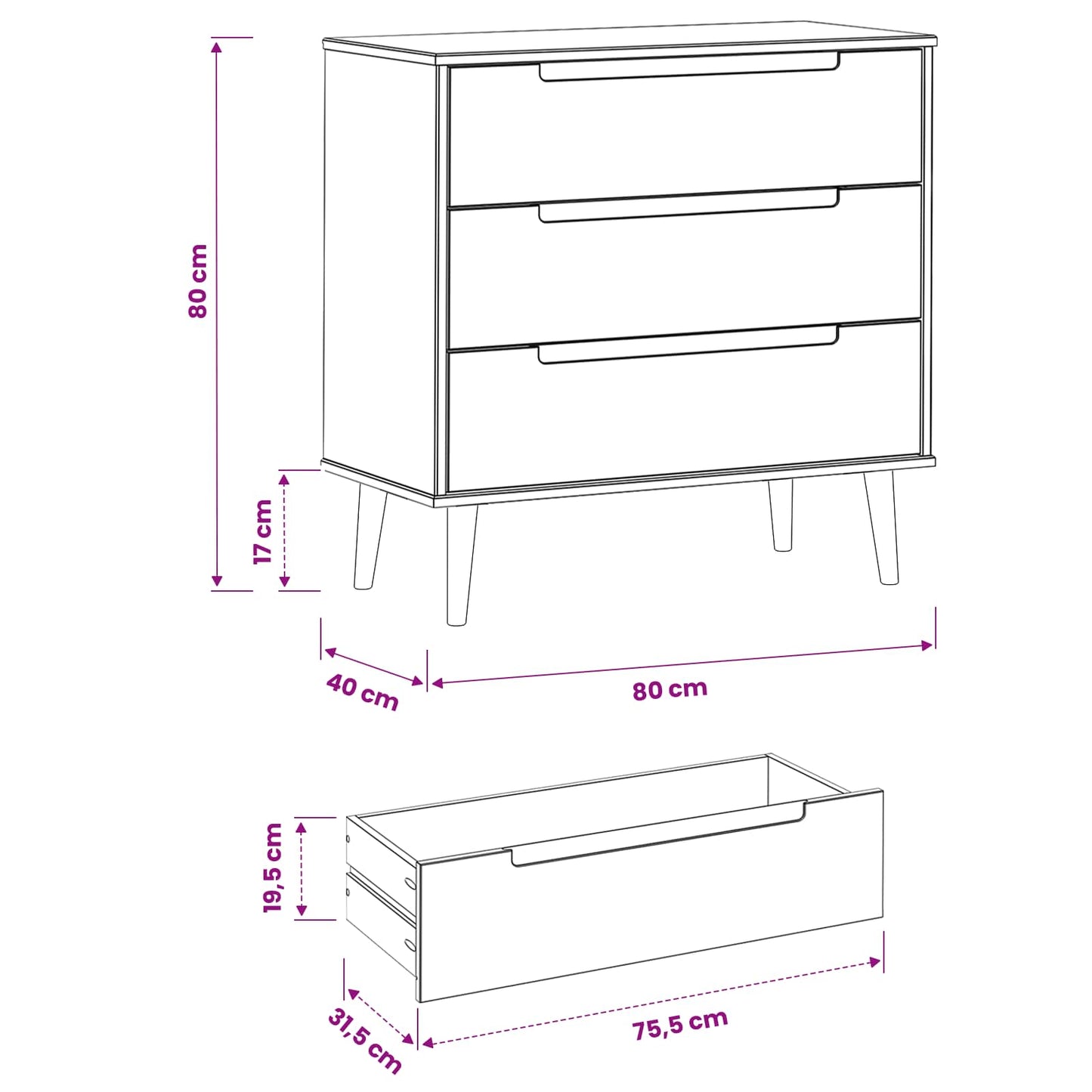 vidaXL Chest of Drawers MOLDE Caramel 80 x 40 x 80 cm Solid Pine Wood