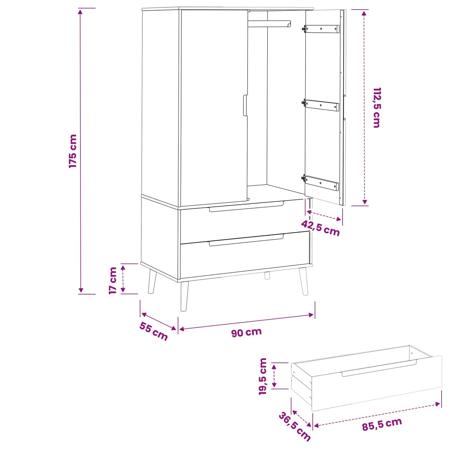 vidaXL Wardrobe MOLDE Caramel 90 x 55 x 175 cm Solid Pine Wood