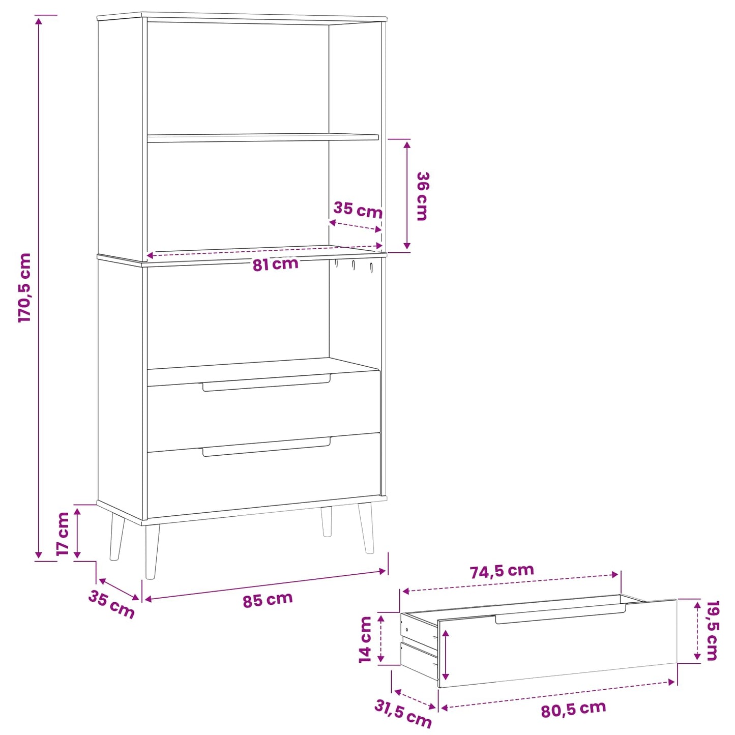 vidaXL Bookcase MOLDE 85 x 35 x 170.5 cm Solid Pine Wood Caramel