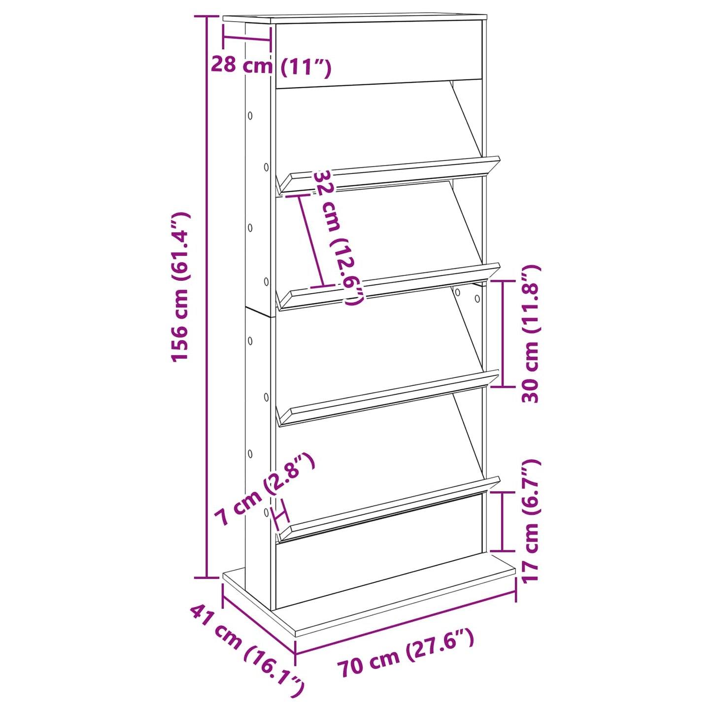 vidaXL Magazine Rack with Shelf White 70 x 41 x 156 cm Engineered Wood