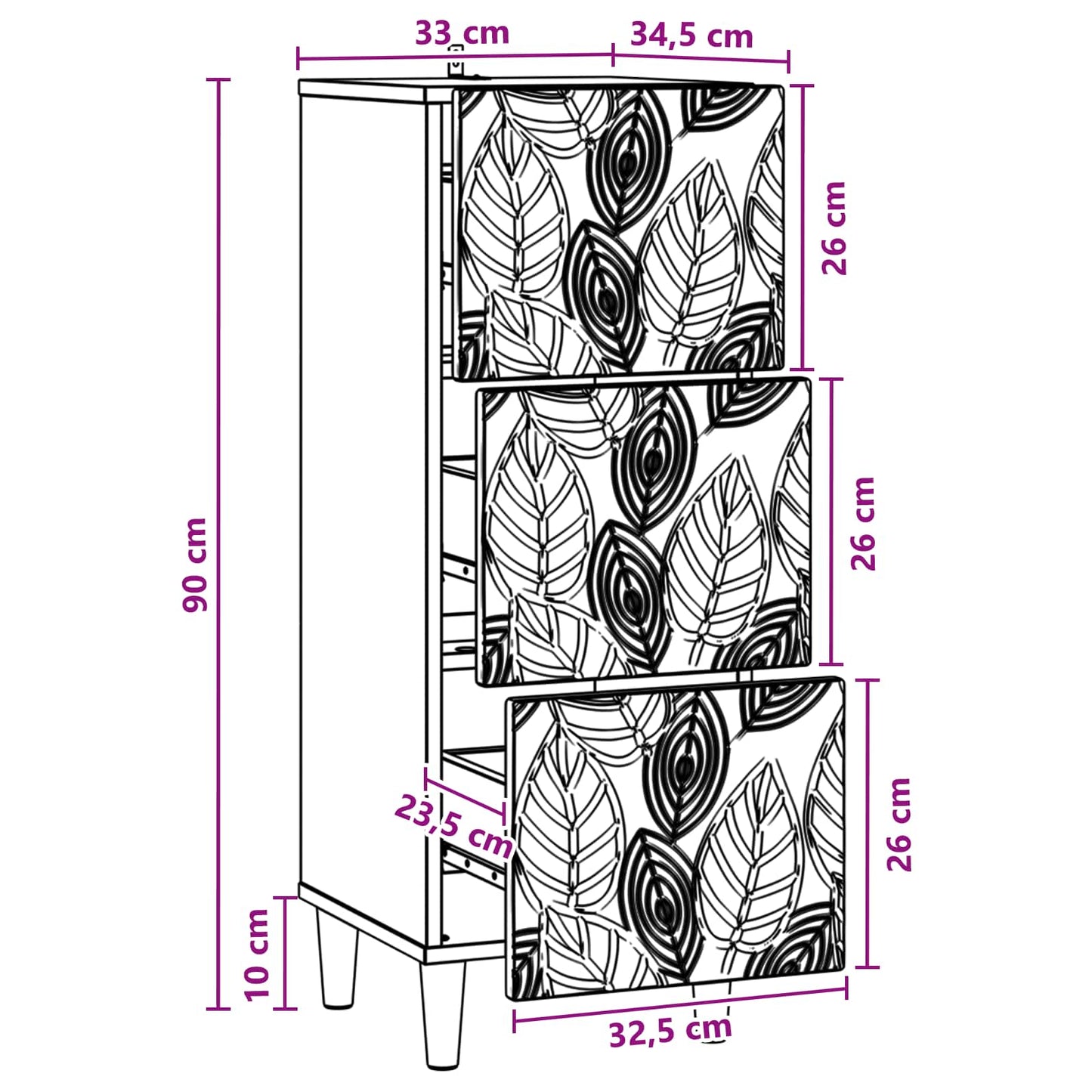 vidaXL Drawer Cabinet High Gloss White 33 x 34.5 x 90 cm