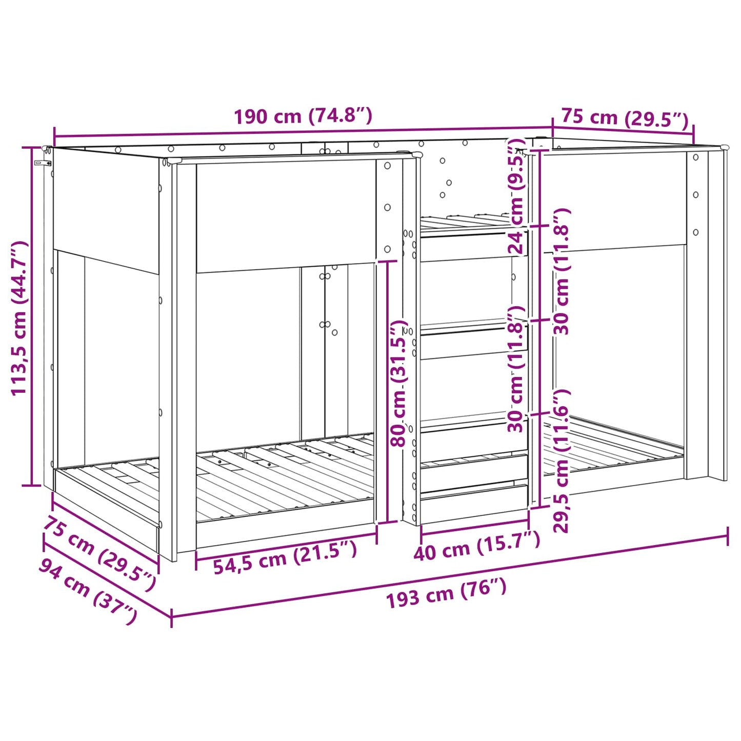 vidaXL Bunk Bed for Kids Smoked Oak 75 x 190 cm Engineered Wood