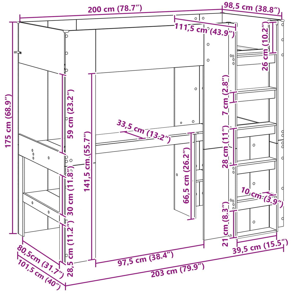 vidaXL Loft Bed Frame with Desk with Shelf Artisan Oak 100 x 200 cm