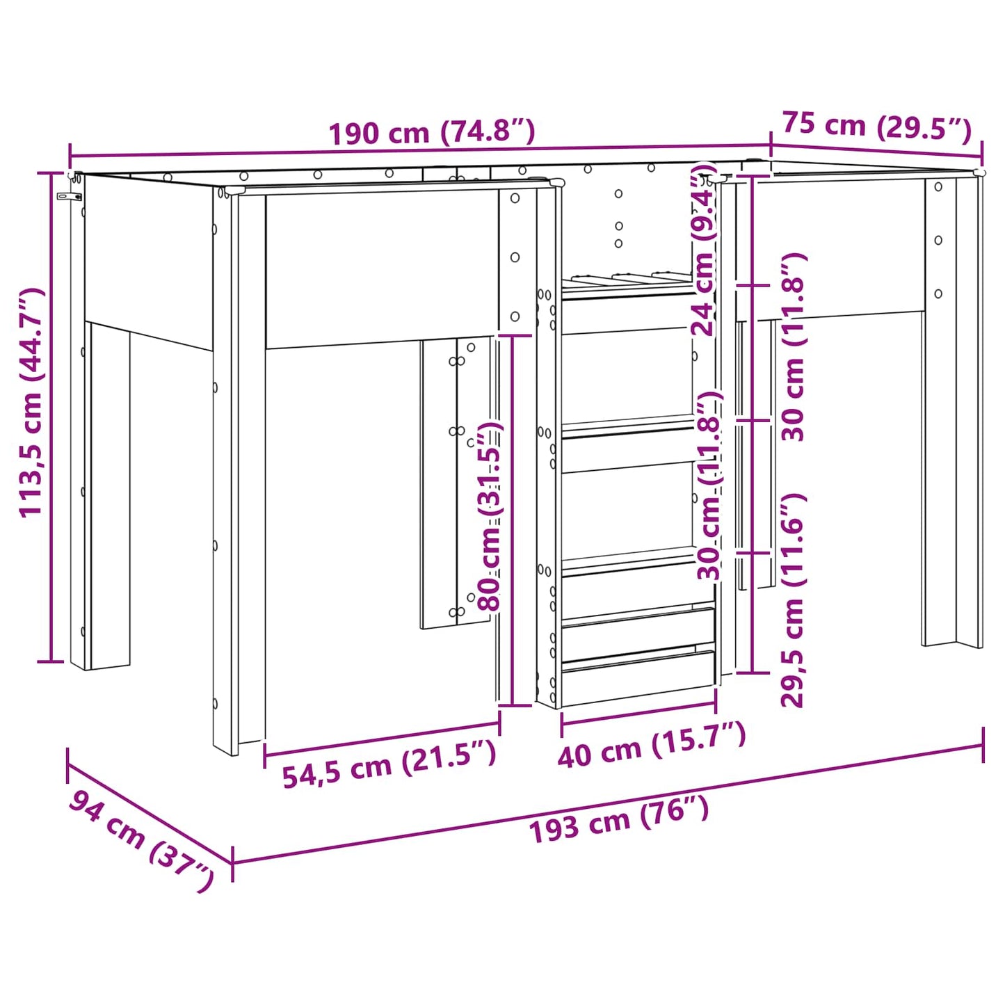 vidaXL Bunk Bed for Kids Grey Sonoma 75 x 190 cm Engineered wood
