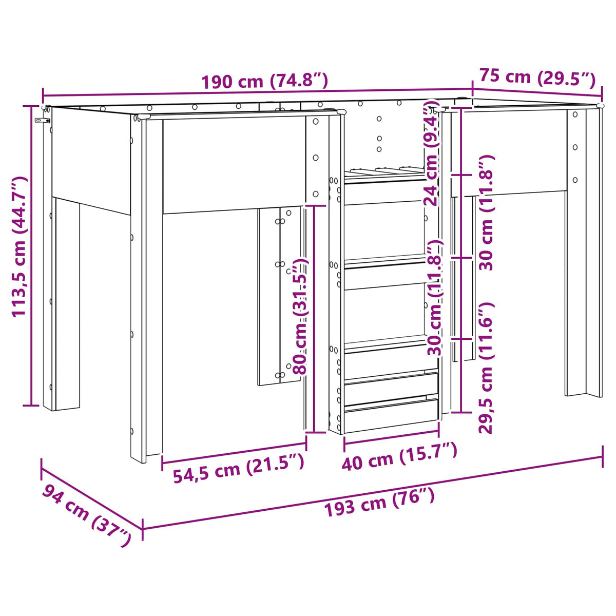vidaXL Bunk Bed for Kids Old Wood 75 x 190 cm Engineered wood