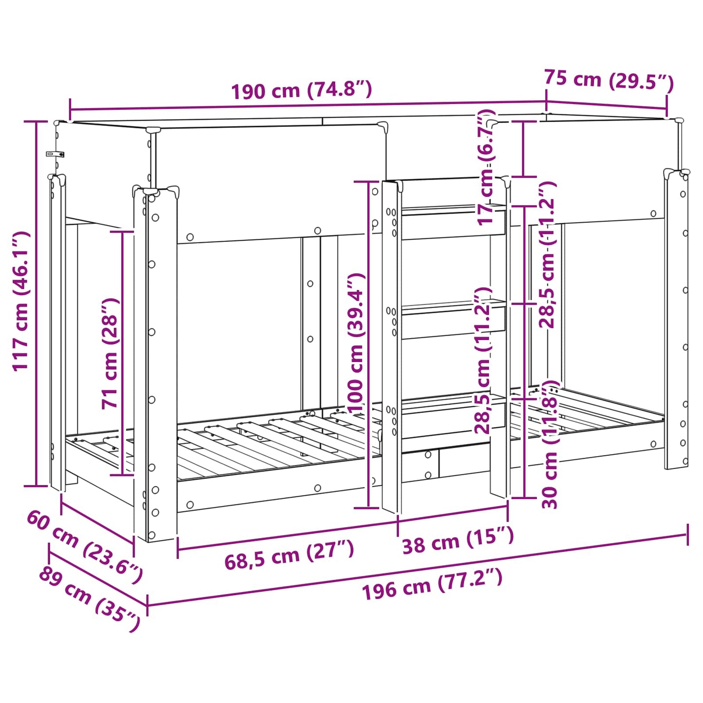 vidaXL Bunk Bed for Kids Sonoma Oak 75 x 190 cm Engineered Wood