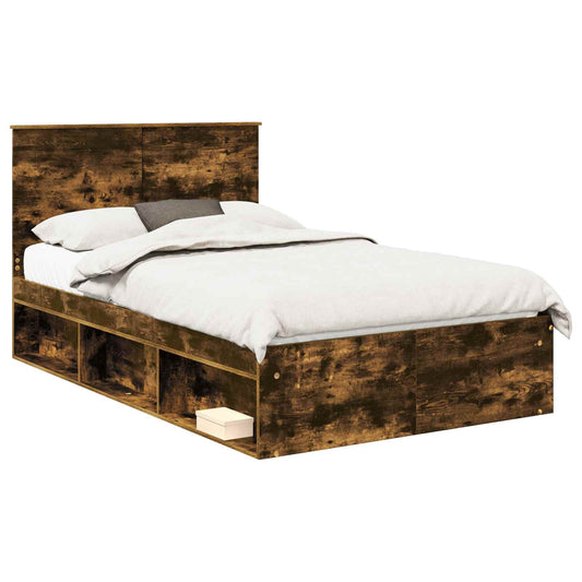 vidaXL Bed Frame with Drawer Smoked Oak 135 x 190 cm Solid Pine Wood