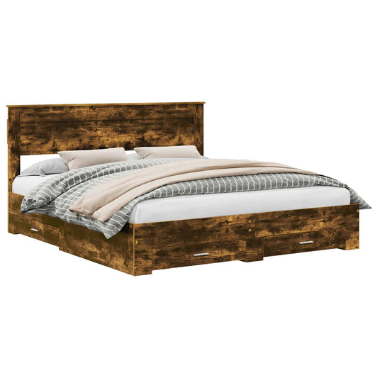 vidaXL Bed Frame with Drawer Smoked Oak 200 x 200 cm Engineered Wood