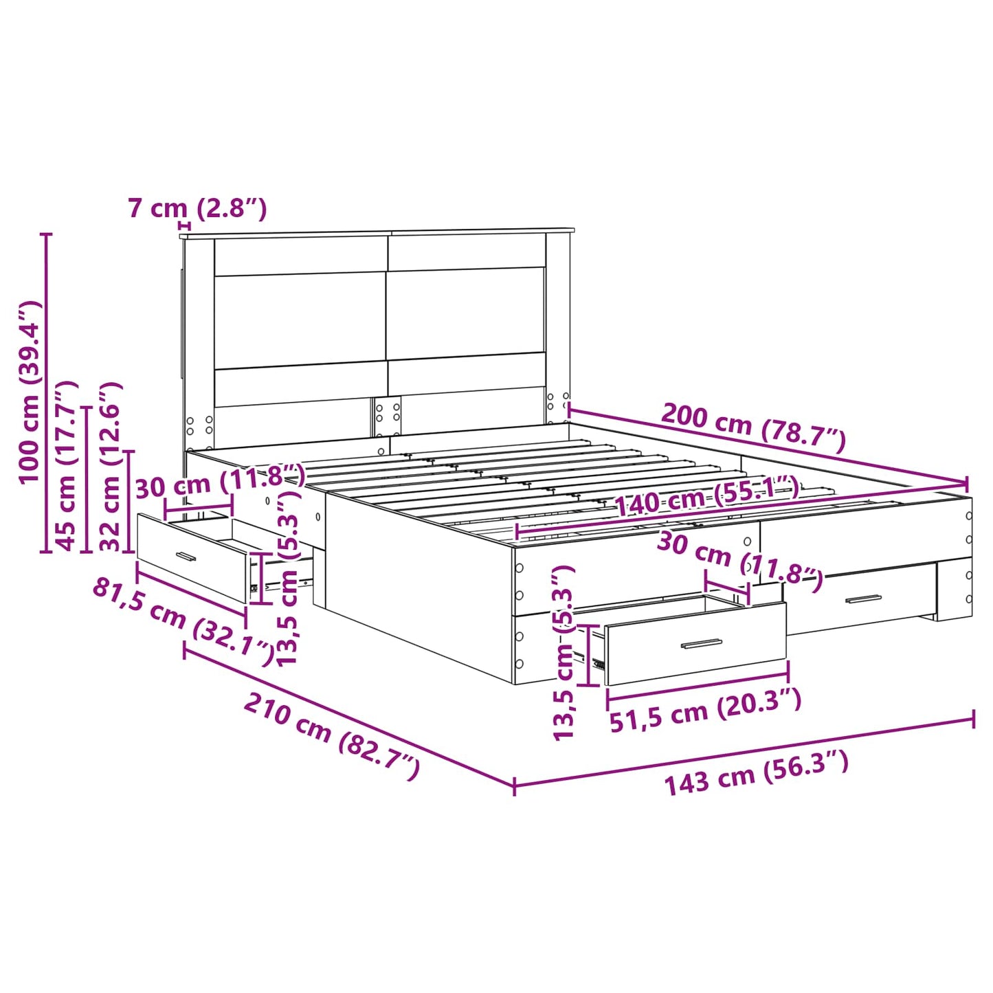 vidaXL Bed Frame with Drawer Grey Sonoma 140 x 200 cm Engineered Wood