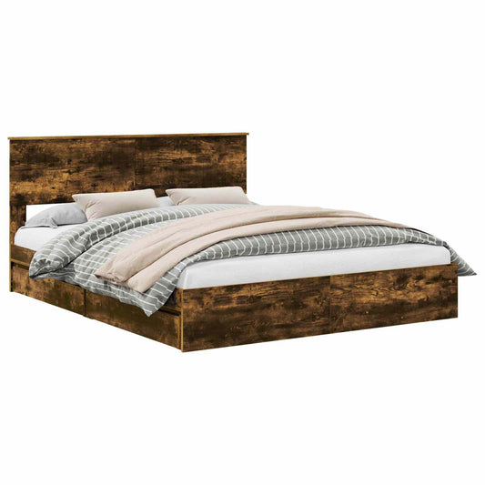 vidaXL Storage Bed with Drawer Smoked Oak 160 x 200 cm Engineered Wood