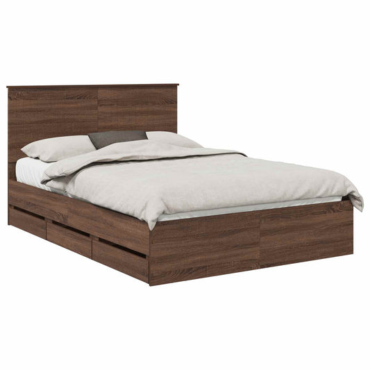 vidaXL Bed Frame with Drawer Brown Oak 135 x 190 cm Engineer Wood
