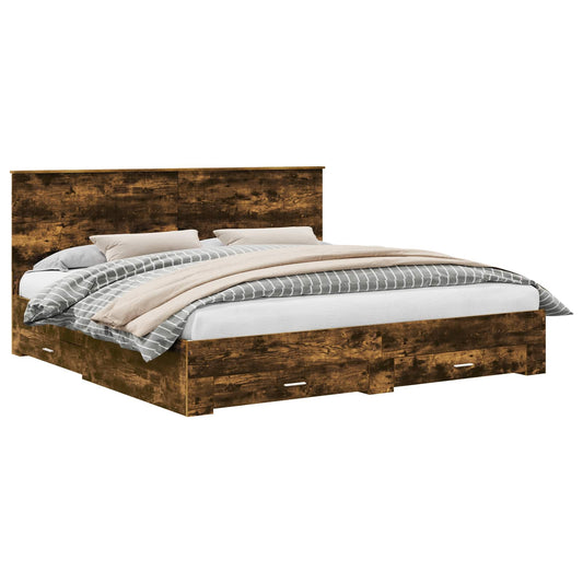 vidaXL Bed Frame with Drawer Smoked Oak 200 x 200 cm Engineered Wood